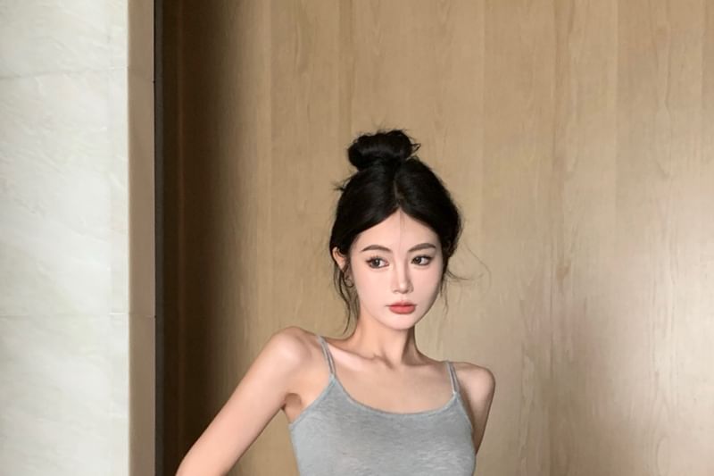 Melange Crop Slim Fit Camisole Top / Elastic Waist Drawstring Mini Pencil Skirt / Cardigan / Set