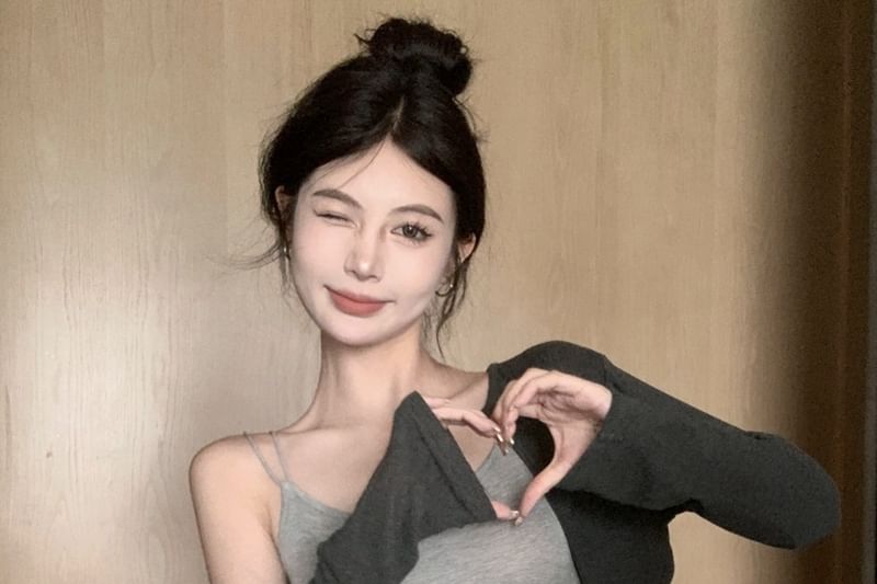 Melange Crop Slim Fit Camisole Top / Elastic Waist Drawstring Mini Pencil Skirt / Cardigan / Set