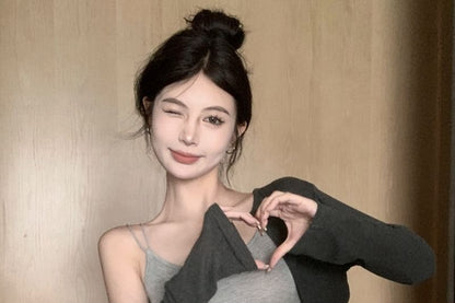 Melange Crop Slim Fit Camisole Top / Elastic Waist Drawstring Mini Pencil Skirt / Cardigan / Set