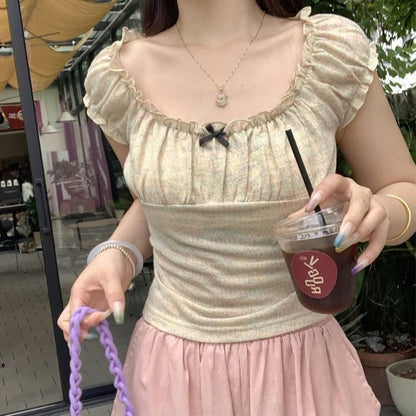 Short-Sleeve Square Neck Bow Ruffle Trim Slim Fit T-Shirt