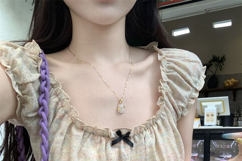 Short-Sleeve Square Neck Bow Ruffle Trim Slim Fit T-Shirt