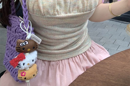 Short-Sleeve Square Neck Bow Ruffle Trim Slim Fit T-Shirt