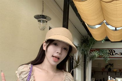 Short-Sleeve Square Neck Bow Ruffle Trim Slim Fit T-Shirt