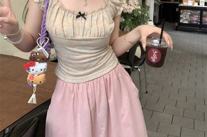 Short-Sleeve Square Neck Bow Ruffle Trim Slim Fit T-Shirt