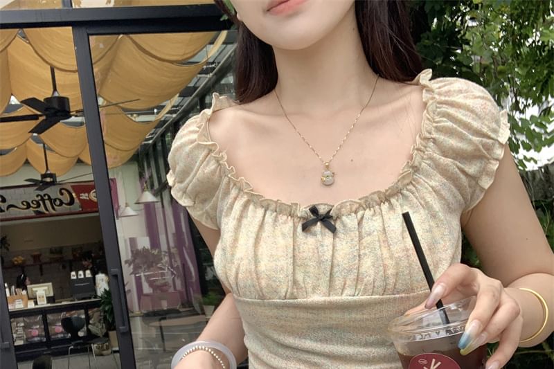 Short-Sleeve Square Neck Bow Ruffle Trim Slim Fit T-Shirt