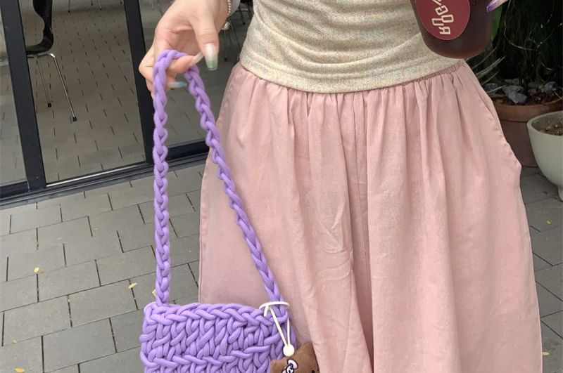 Short-Sleeve Square Neck Bow Ruffle Trim Slim Fit T-Shirt