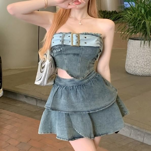 Set: Belted Asymmetrical Denim Crop Tube Top + High Waist Tiered Mini A-Line Skirt