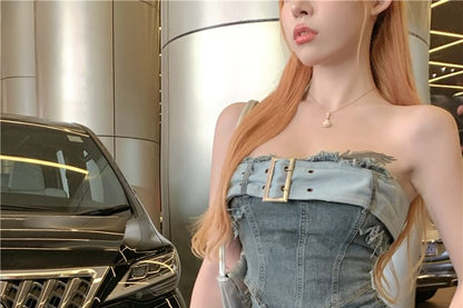 Set: Belted Asymmetrical Denim Crop Tube Top + High Waist Tiered Mini A-Line Skirt