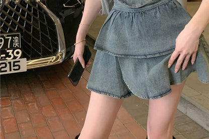 Set: Belted Asymmetrical Denim Crop Tube Top + High Waist Tiered Mini A-Line Skirt