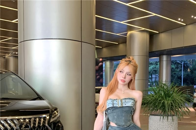 Set: Belted Asymmetrical Denim Crop Tube Top + High Waist Tiered Mini A-Line Skirt