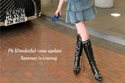 Set: Belted Asymmetrical Denim Crop Tube Top + High Waist Tiered Mini A-Line Skirt