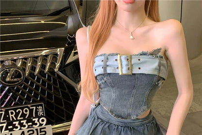 Set: Belted Asymmetrical Denim Crop Tube Top + High Waist Tiered Mini A-Line Skirt