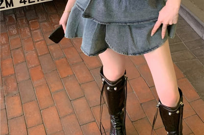 Set: Belted Asymmetrical Denim Crop Tube Top + High Waist Tiered Mini A-Line Skirt