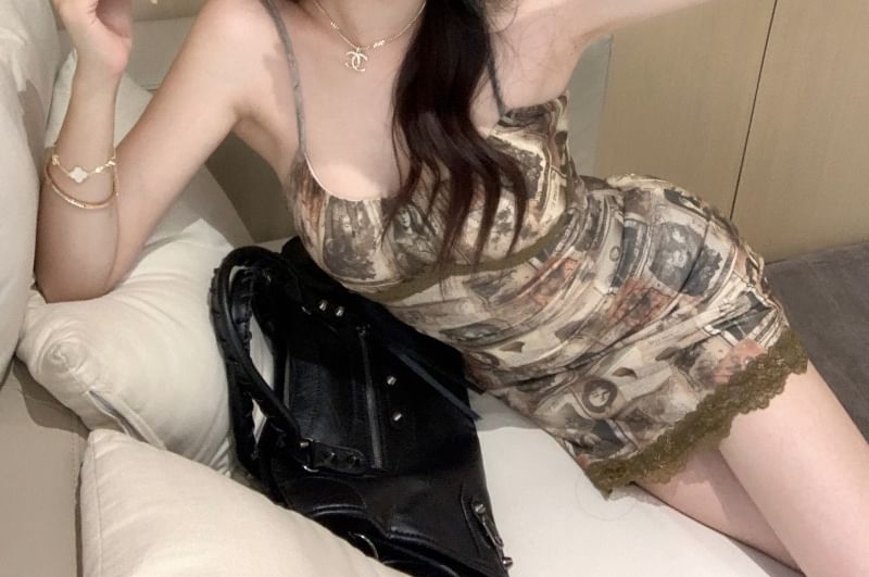 Spaghetti Strap Print Lace Trim Mini Bodycon Dress