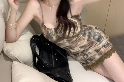 Spaghetti Strap Print Lace Trim Mini Bodycon Dress