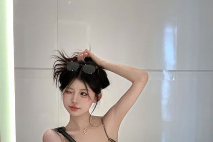 Spaghetti Strap Print Lace Trim Mini Bodycon Dress