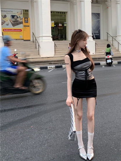 Square Neck Two Tone Bow Crop Slim Fit Tank Top