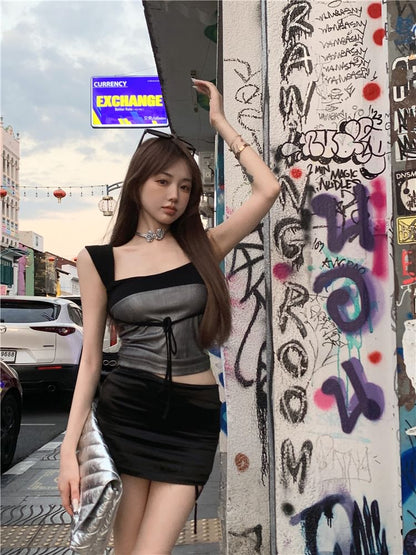 Square Neck Two Tone Bow Crop Slim Fit Tank Top