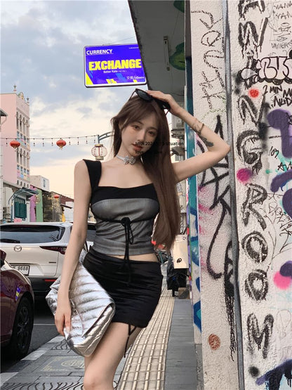 Square Neck Two Tone Bow Crop Slim Fit Tank Top