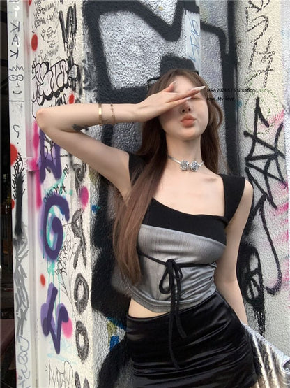 Square Neck Two Tone Bow Crop Slim Fit Tank Top