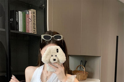 V-Neck Plain Lace Trim Button Slim Fit Tank Top