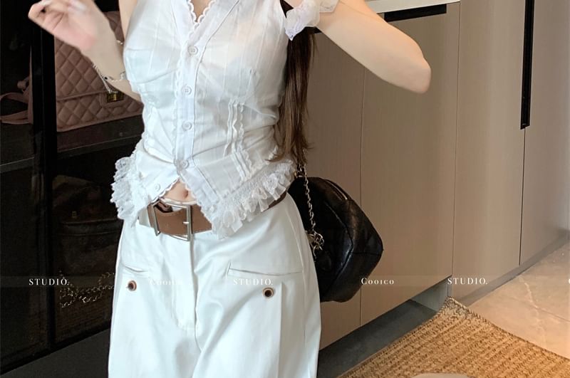 V-Neck Plain Lace Trim Button Slim Fit Tank Top