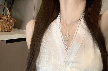 V-Neck Plain Lace Trim Button Slim Fit Tank Top