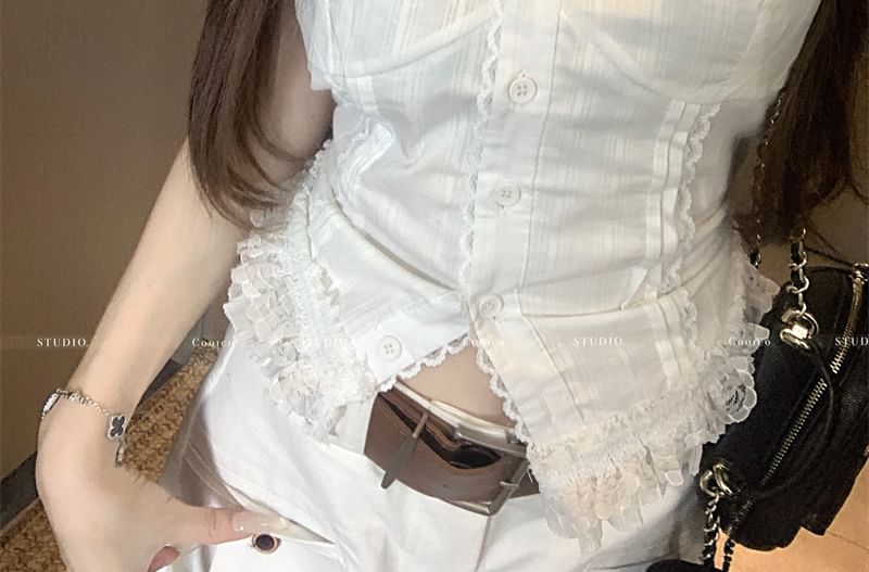 V-Neck Plain Lace Trim Button Slim Fit Tank Top