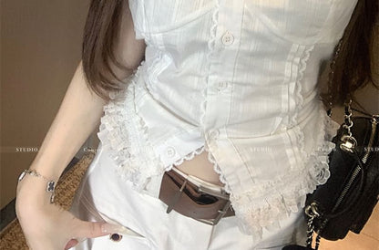 V-Neck Plain Lace Trim Button Slim Fit Tank Top