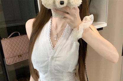 V-Neck Plain Lace Trim Button Slim Fit Tank Top