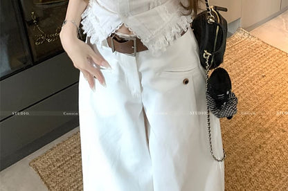 V-Neck Plain Lace Trim Button Slim Fit Tank Top