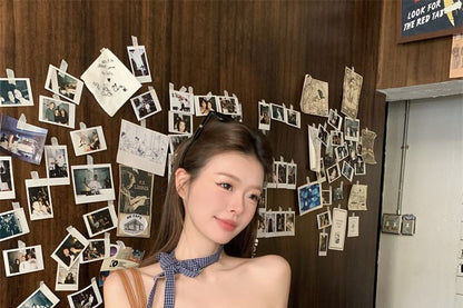 Plaid Ruched Lace Trim Peplum Tube Top