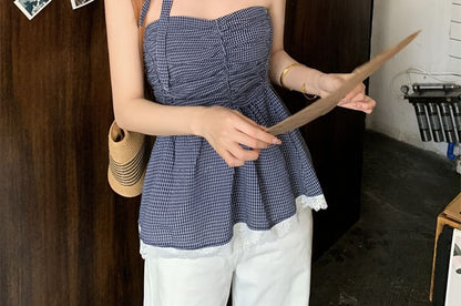 Plaid Ruched Lace Trim Peplum Tube Top