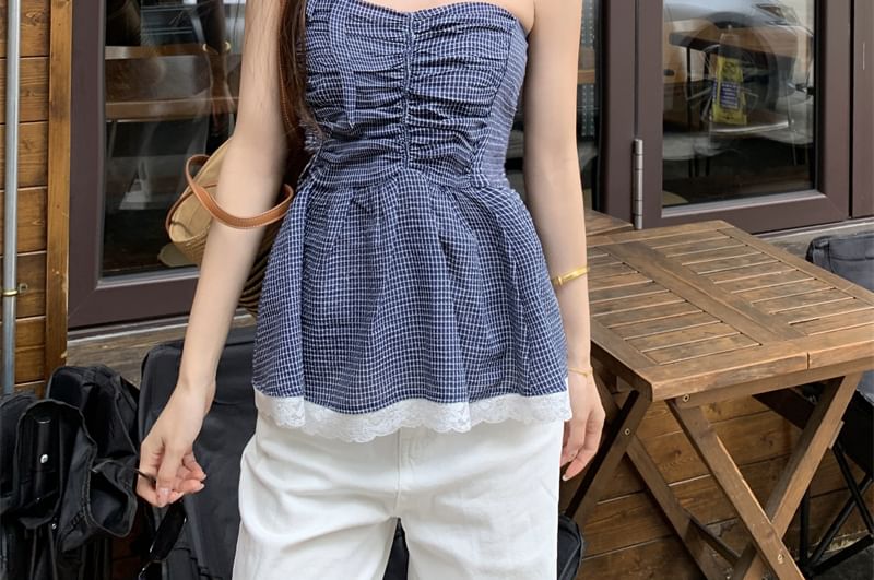 Plaid Ruched Lace Trim Peplum Tube Top