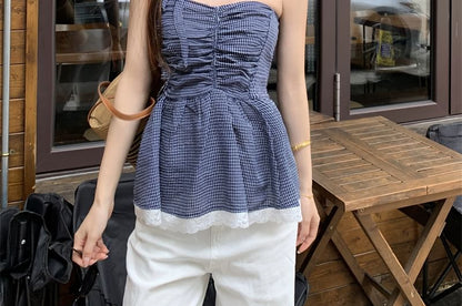 Plaid Ruched Lace Trim Peplum Tube Top