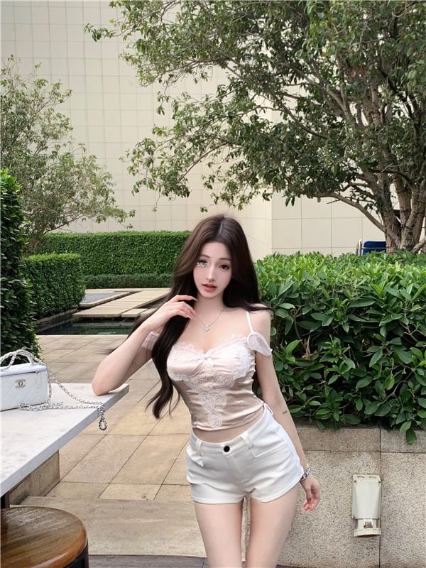 Bow Lace Panel Crop Slim Fit Camisole Top