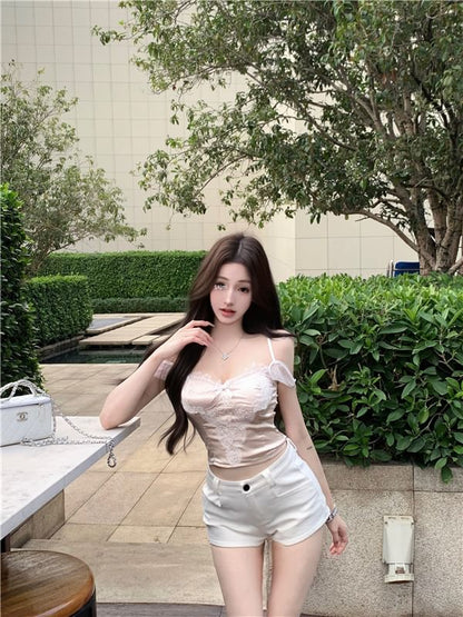 Bow Lace Panel Crop Slim Fit Camisole Top