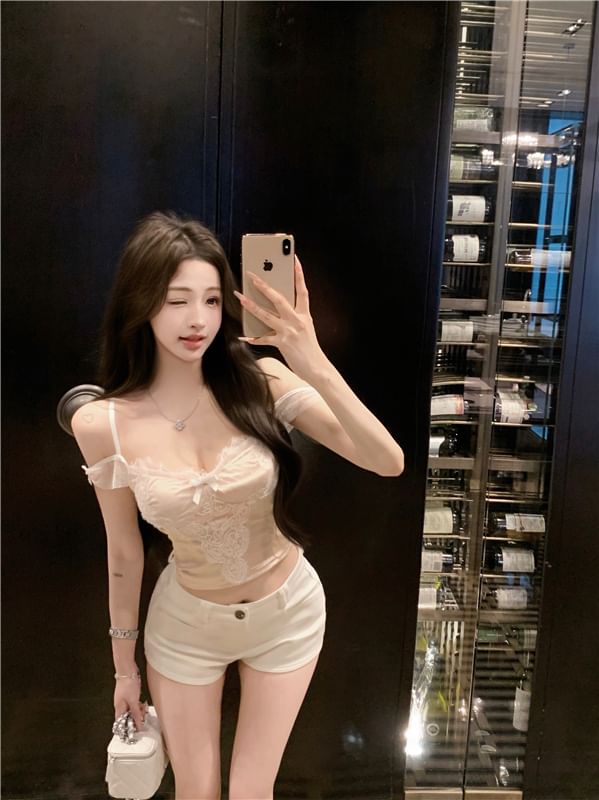 Bow Lace Panel Crop Slim Fit Camisole Top