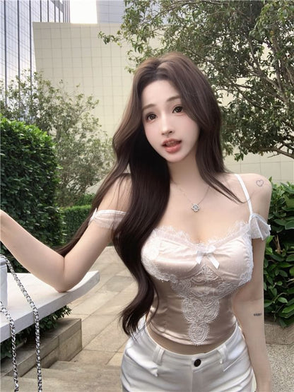 Bow Lace Panel Crop Slim Fit Camisole Top