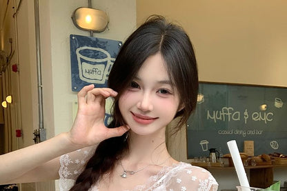 Cap-Sleeve Off-Shoulder Pintuck Lace Panel Slim Fit Blouse