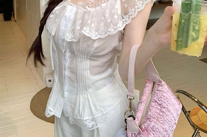 Cap-Sleeve Off-Shoulder Pintuck Lace Panel Slim Fit Blouse