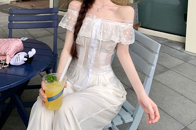 Cap-Sleeve Off-Shoulder Pintuck Lace Panel Slim Fit Blouse