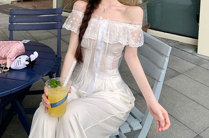 Cap-Sleeve Off-Shoulder Pintuck Lace Panel Slim Fit Blouse