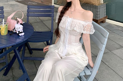 Cap-Sleeve Off-Shoulder Pintuck Lace Panel Slim Fit Blouse