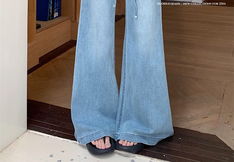 High Rise Lace Panel Washed Flared Jeans