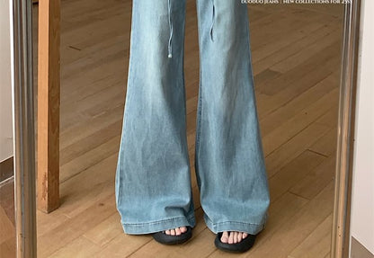 High Rise Lace Panel Washed Flared Jeans