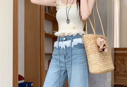 High Rise Lace Panel Washed Flared Jeans