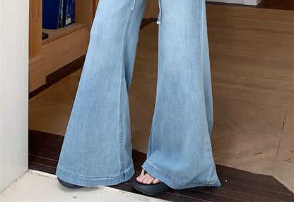 High Rise Lace Panel Washed Flared Jeans