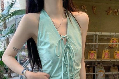 Halter V-Neck Plain Bow Bubble Hem Mini A-Line Skirt