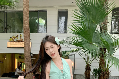 Halter V-Neck Plain Bow Bubble Hem Mini A-Line Skirt